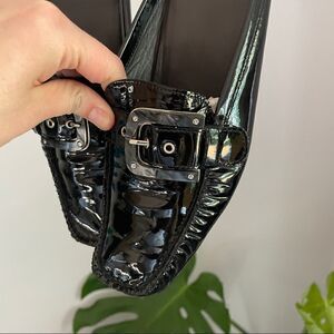 Vintage Stuart Weitzman Black Embossed Patent Leather Slide Mules w/ Buckles